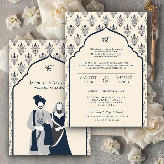 Cream Navy Blue Punjabi Anand Karaj Sikh Wedding Invitation (Creator Uploaded)