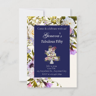 Cream & Navy Floral Cake Birthday Invitation