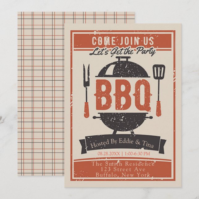 Cream Navy Orange BBQ Party Invitation (Front/Back)