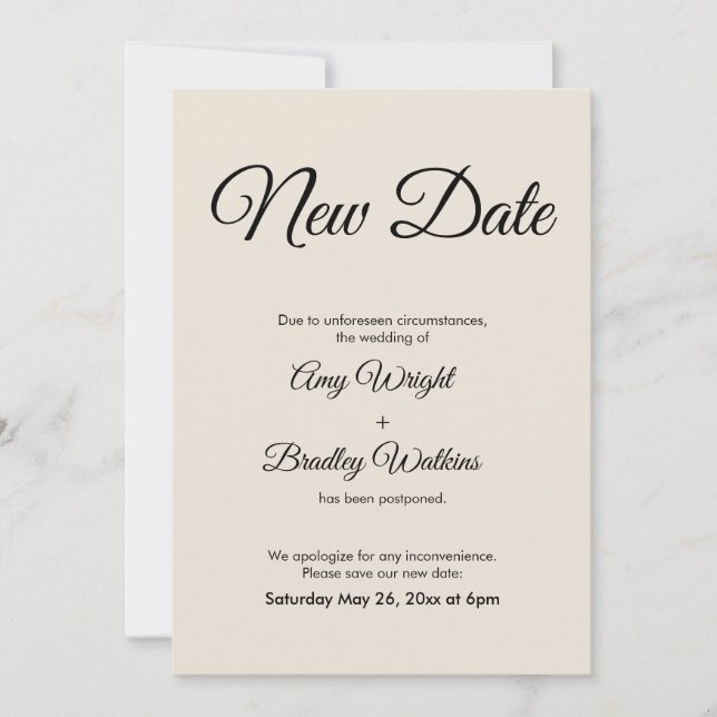 Cream New Date Postponed Wedding Announcement (Front)