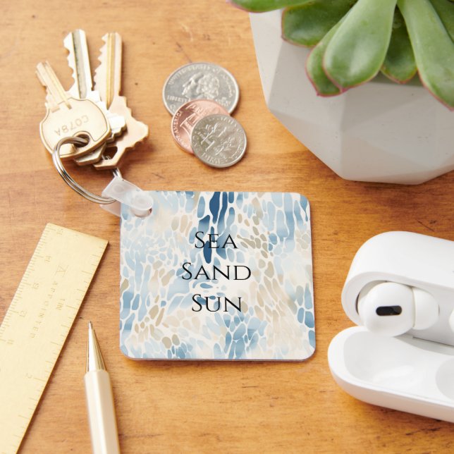 Cream Ocean Blue Abstract Beach Animal Print Key Ring (Desk)