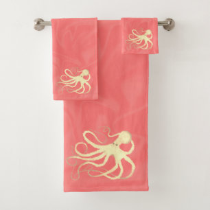 Cream Octopus on Coral - Bathroom Towel Set