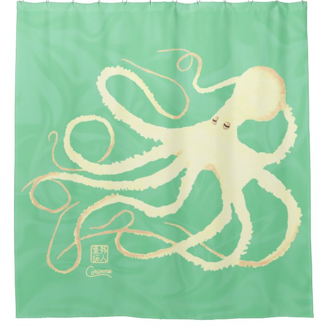 Cream Octopus on Mint - Shower Curtain (Front)