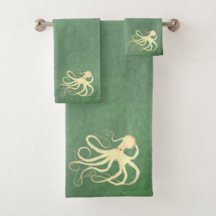 Cream Octopus on Sage - Bathroom Towel Set