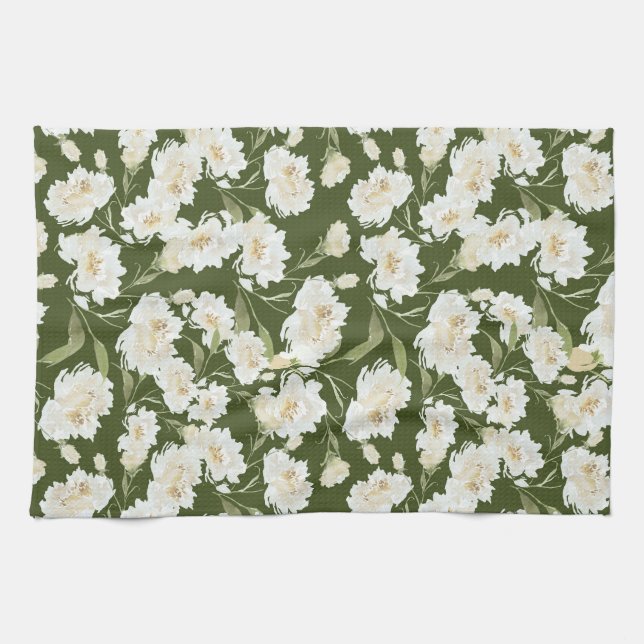 Cream & Olive floral Tea Towel (Horizontal)
