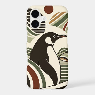 Cream Olive Green Maroon Penguin Waves In Art Deco