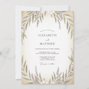 Cream Olive Lilac Leaf Wedding Invitation