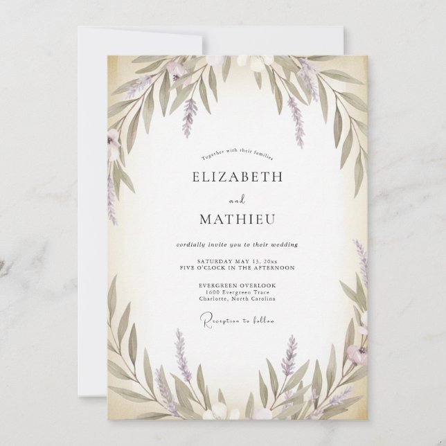 Cream Olive Lilac Leaf Wedding Invitation (Front)
