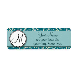 Cream on Teal Floral Wisps & Stripes with Monogram