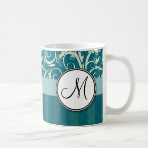 Cream on Teal Floral Wisps & Stripes with Monogram Coffee Mug