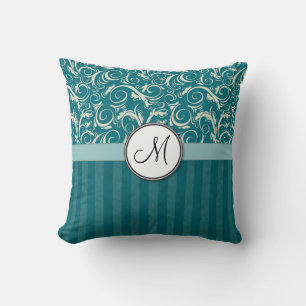 Cream on Teal Floral Wisps & Stripes with Monogram Cushion