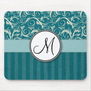 Cream on Teal Floral Wisps & Stripes with Monogram Mouse Mat