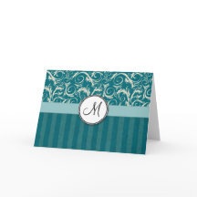 Cream on Teal Floral Wisps & Stripes with Monogram