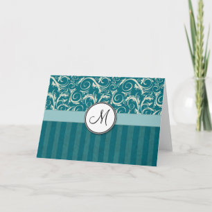 Cream on Teal Floral Wisps & Stripes with Monogram Note Card