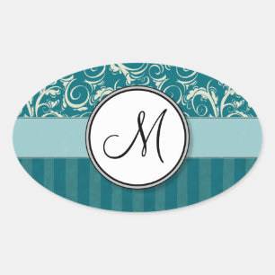 Cream on Teal Floral Wisps & Stripes with Monogram Oval Sticker