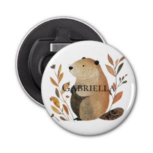Cream Orange Brown Beaver with Leaves Bottle Opener