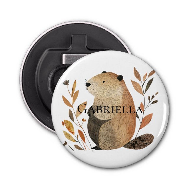 Cream Orange Brown Beaver with Leaves Bottle Opener (Front)