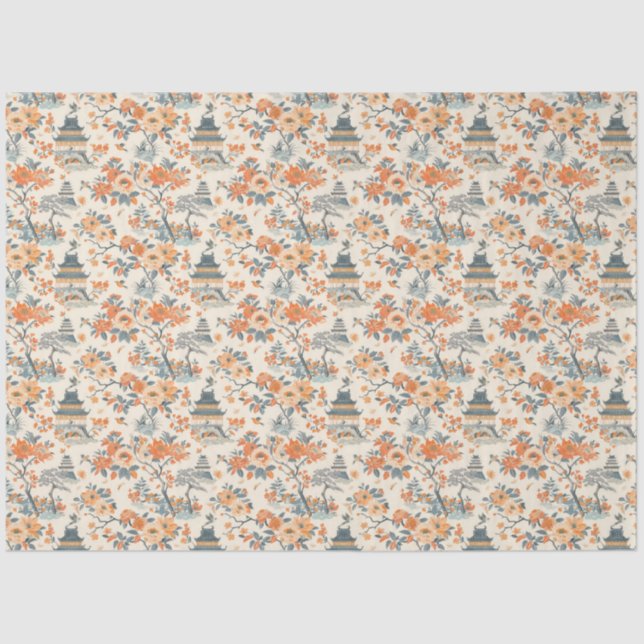 Cream Orange Floral House Chinoiserie Tissue Paper (Front)