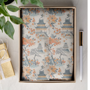 Cream Orange Floral House Chinoiserie Tissue Paper