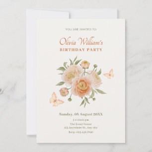 Cream orange flower bloom butterfly birthday invitation