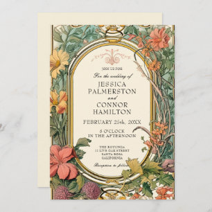 Cream Orange Green Vintage Floral Wedding Invitation