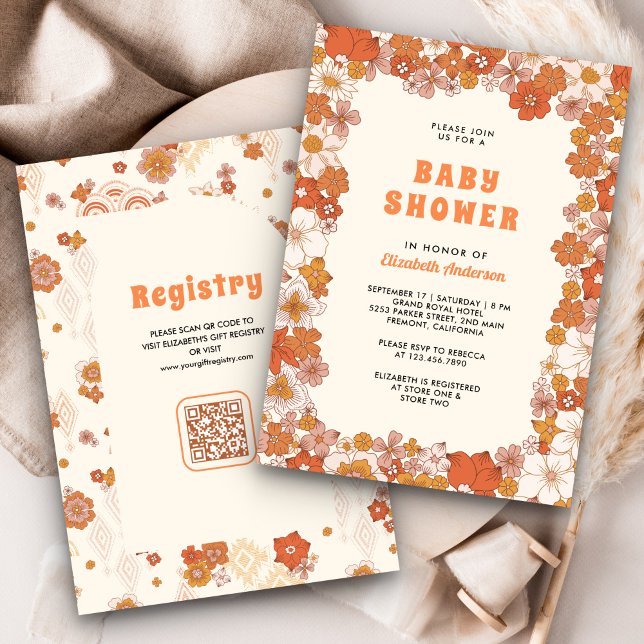 Cream Orange Groovy Retro Wildflower Baby Shower Invitation (Creator Uploaded)