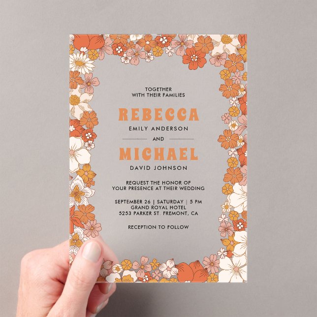 Cream Orange Groovy Retro Wildflower Wedding Acrylic Invitations (Insitu (Handheld))