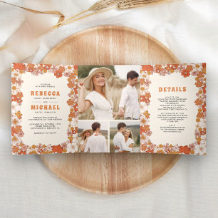 Cream Orange Groovy Retro Wildflower Wedding Tri-Fold Invitation