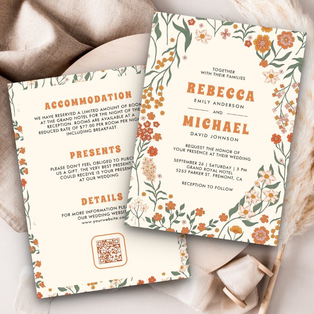 Cream Orange Groovy Wildflower All in One Wedding Invitation (Creator Uploaded)
