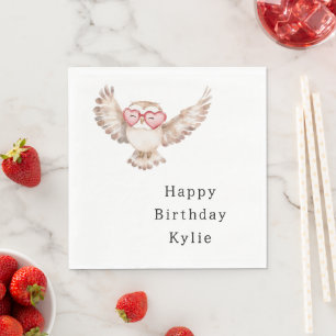 Cream Owl Heart Glasses Birthday Napkin