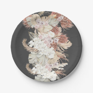 Cream Pampas Charcoal Grass Floral Jungle Wedding Paper Plate