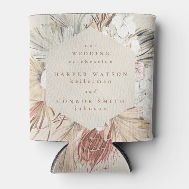 Cream Pampas Dried Grass Floral Jungle Wedding Can Cooler (Front)