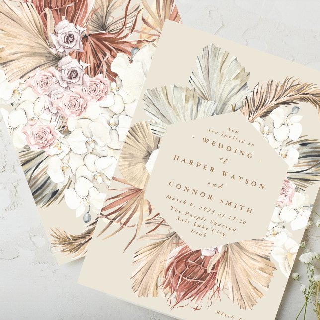 Cream Pampas Dried Grass Floral Jungle Wedding Invitation (Creator Uploaded)