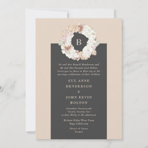 Cream Pampas Wreath Charcoal Monogram Wedding Invitation
