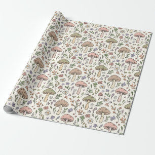 Cream Pastel Mushroom Fungi Seamless Pattern Wrapping Paper