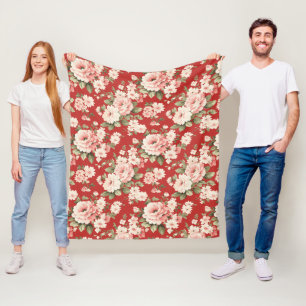 Cream pastel roses  red fleece blanket