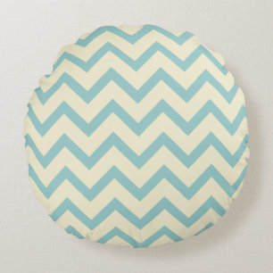 Cream & Pastel Teal Chevron Zigzag Pattern Round Cushion
