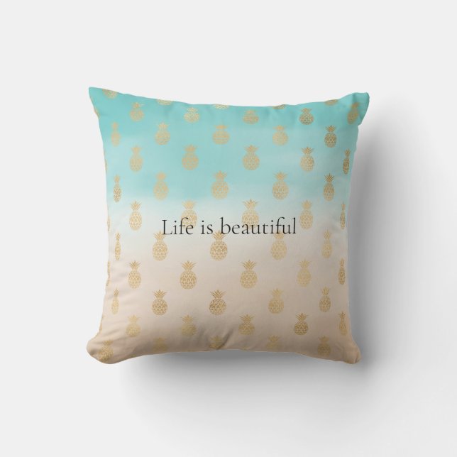 Cream Peach Aqua Ombre Gold Pineapples     Cushion (Front)