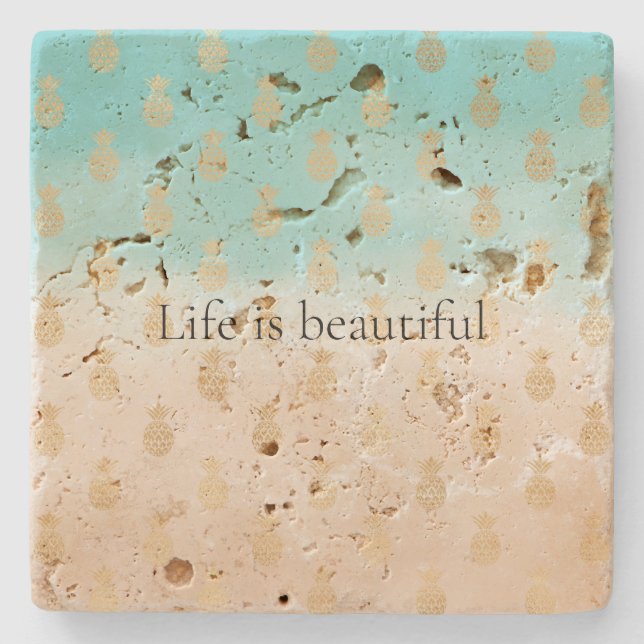 Cream Peach Aqua Ombre Gold Pineapples  Stone Coaster (Front)