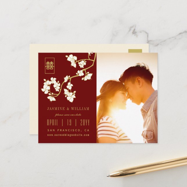 Cream Peach Blossom Chinese Wedding Save The Date Announcement Postcard (Front/Back In Situ)