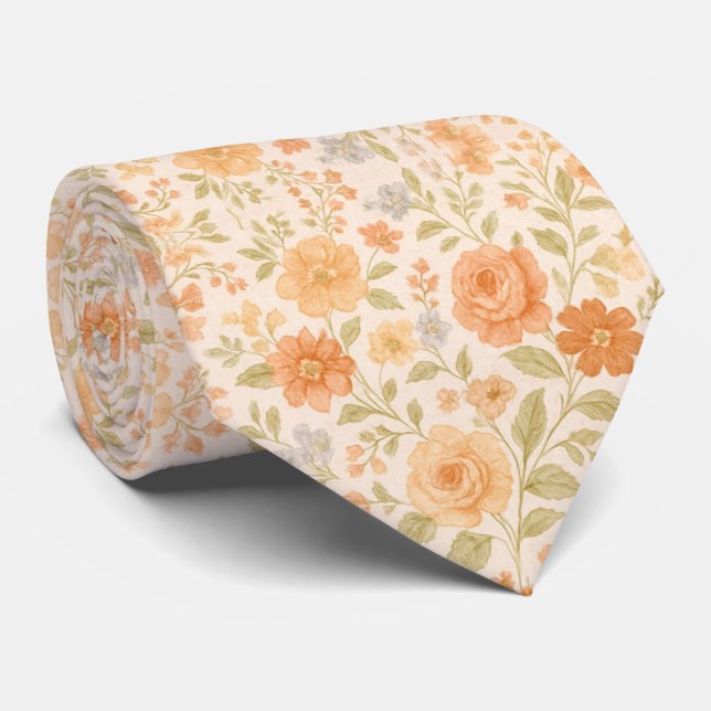 Cream & Peach Floral Pattern Tie (Rolled)
