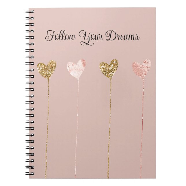 Cream Peach Gold Glitter Pink Glam Hearts Strings Notebook (Front)