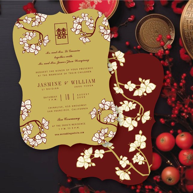 Cream Peach/Plum Blossoms Double Happiness Wedding Invitation (Cream Peach/Plum Blossoms Double Happiness Elegant Chinese Wedding Invitation @ fatfatin_red_knot)