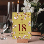Cream Peach/Plum Blossoms Double Happiness Wedding Table Number<br><div class="desc">Oriental peach / plum blossoms, spring flowers in cream / ivory / white on a dark burgundy red / matte brass gold background with a simple rectangle double happiness symbol wedding table number card. An elegant and romantic floral chinese themed wedding design which is whimsical, modern and classy. Peach blossoms...</div>