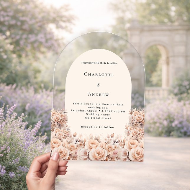 Cream peach rose gold florals arch wedding acrylic invitations (Creator Uploaded)