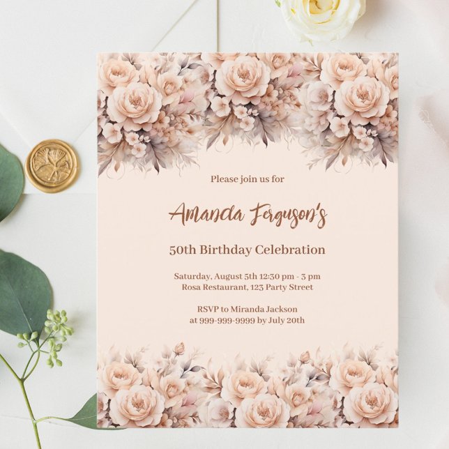 Cream peach rose gold florals birthday invitation (Creator Uploaded)