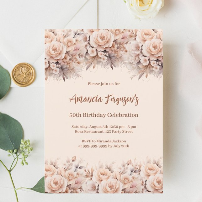 Cream peach rose gold florals birthday invitation (Creator Uploaded)