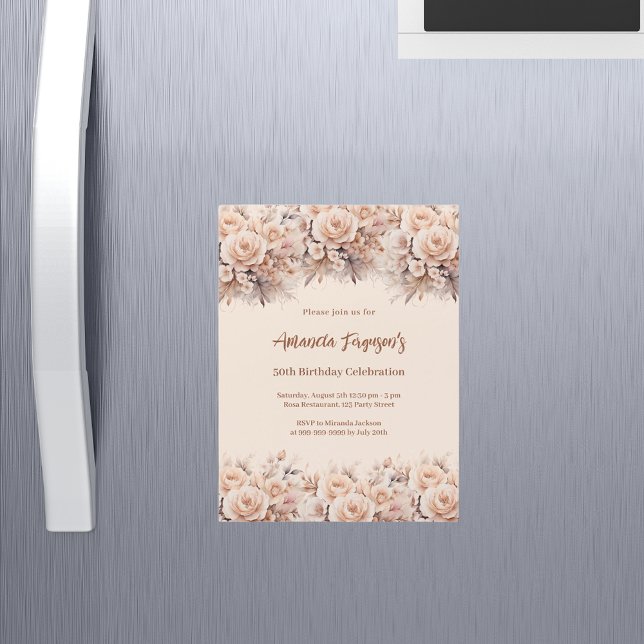 Cream peach rose gold florals luxury birthday magnetic invitation (Creator Uploaded)