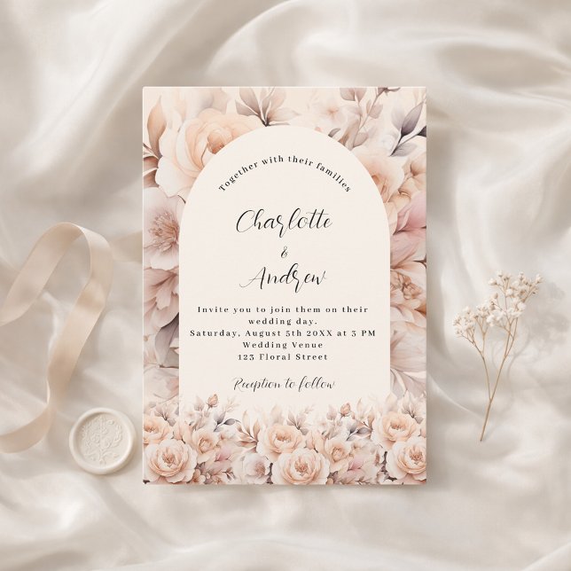 Cream peach roses florals arch elegant wedding invitation (Creator Uploaded)