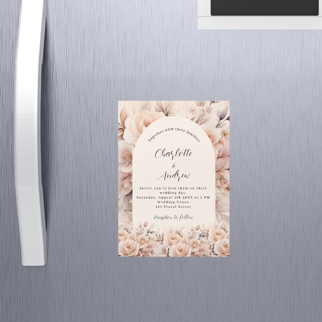 Cream peach roses florals arch luxury wedding magnetic invitation (Creator Uploaded)